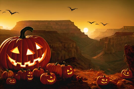Artistic painting of haloween in the grand canyon, cinematic desert style - a carved group of pumpkins jack-o'-lantern lying on the ground with grand canyon and sunset in the background.  illustration