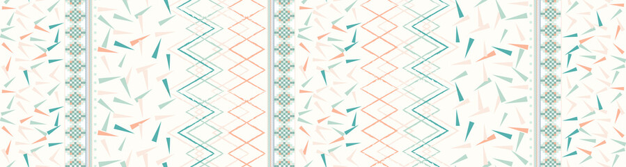 Triangles vector seamless pattern. Simple geometric repeat in pastel colors. Rows of elements on white background.