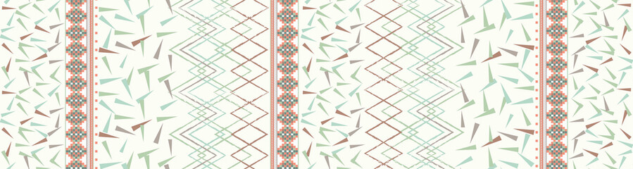 Triangles vector seamless pattern. Simple geometric repeat in pastel colors. Rows of elements on white background.