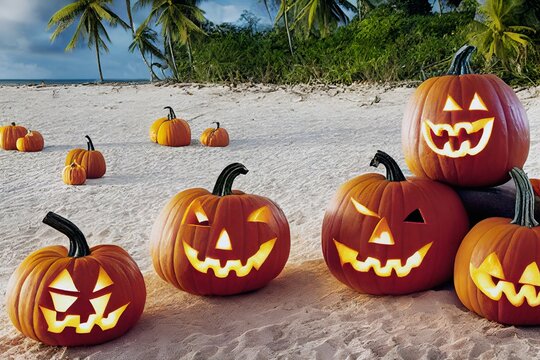 Artistic painting of Halloween pumpkin party at the tropical Beach, Hawaiian island style - a carved happy group of pumpkins jack-o'-lantern sitting on a tropical beach sunbath. 3D illustration