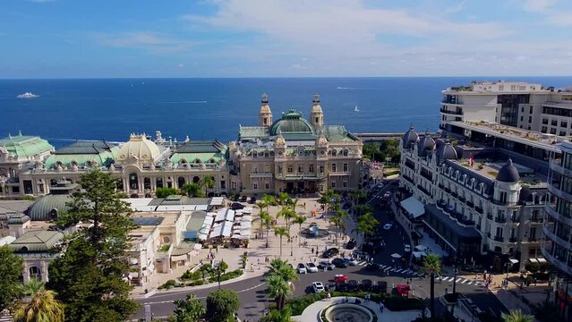 Aerial view of the famous city on the Mediterranean Sea, Monte Carlo casino in the city center, Marina Port Hercules, Europe landscape panorama from above MONTE CARLO, MONACO