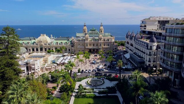 Aerial view of the famous city on the Mediterranean Sea, Monte Carlo casino in the city center, Marina Port Hercules, Europe landscape panorama from above MONTE CARLO, MONACO