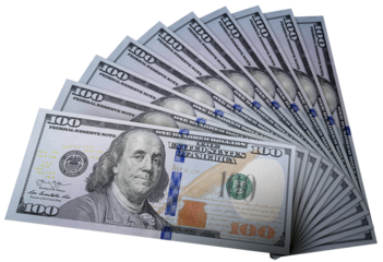 One Hundred Dollar American Dollar Bills  spread out CUTOUT ON WHITE BACKGROUND