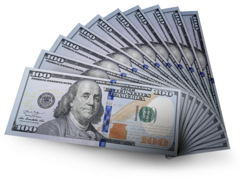 One Hundred Dollar American Dollar Bills  spread out against CLEAR BACKGROUND