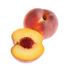 Whole and cut ripe peaches isolated on white