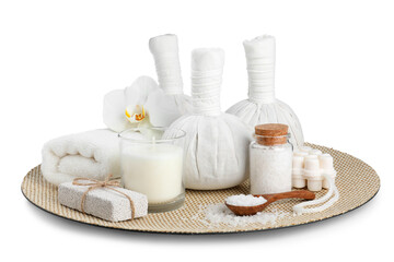 Fototapeta na wymiar Beautiful spa composition with different care products isolated on white