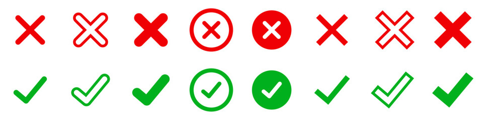 Conjunto de iconos de marca de verificación y x. Aprobación y eliminar. Visto verde y x rojo. Ilustración vectorial