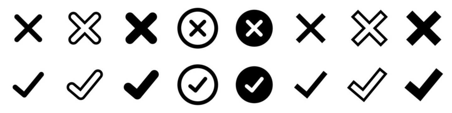 Conjunto de iconos de marca de verificación y x. Aprobación y eliminar. Ilustración vectorial