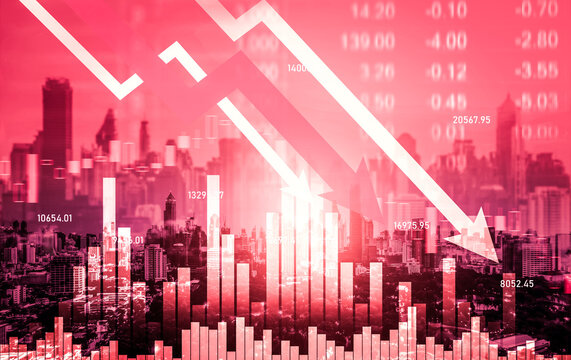 Stock market crash, declined economic, graph falling down and digital indicators overlaps modernistic city. Double exposure.