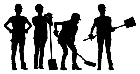 Silhouettes set of female workers with helmets. Vector flat style illustration isolated on white. Full length view