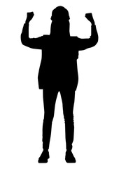 The silhouette of a strong lady raising two hands shows muscle wearing a helmet and a vest. Vector flat style illustration isolated on white. Full length view