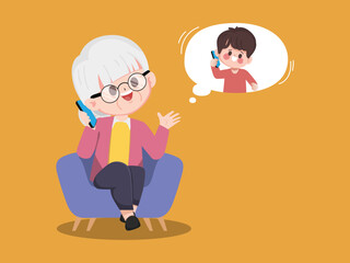 Grandmother talking phone gesture pose. International grandparents day illustration cute cartoon vector.
