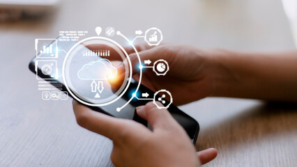 Hand holding virtual cloud computing with world and technology item such as upload download. Cloud technology management big data include business strategy , customer.