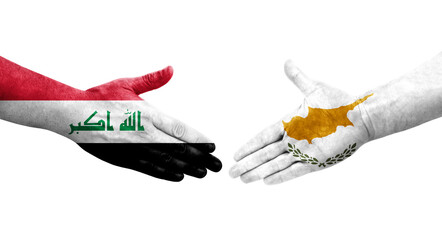 Handshake between Cyprus and Iraq flags painted on hands, isolated transparent image.