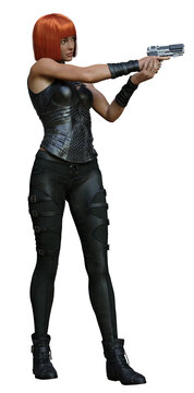 3D Rendered Female Redhead In Fighting Pose on Transparent Background Wearing Black Leather Suit and Weapon - 3D Illustration