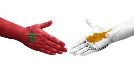 Handshake between Cyprus and Morocco flags painted on hands, isolated transparent image.