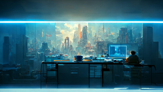 The Messy Workplace With The Skyscraper Scene Of The Big City In The Future