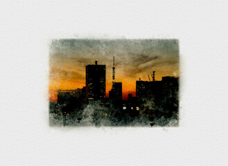 東京のビル群の夕焼け,東京豊洲の夕暮れ,オレンジ色に染まる空,マジックアワーを迎える東京湾,赤く染まる豊洲大橋