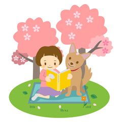 本を読む子ども　春　女の子と犬