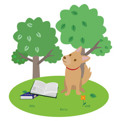 Obraz na płótnie Canvas 本と犬　緑の木