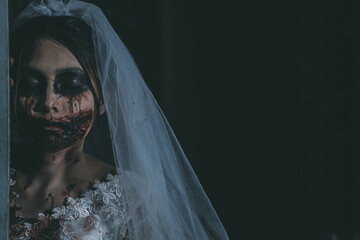 Portrait of asian woman make up ghost bride death and blood the horror is darkness scary horror...
