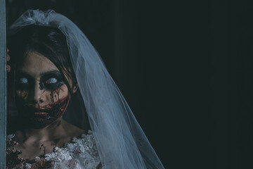 Portrait of asian woman make up ghost bride death and blood the horror is darkness scary horror...