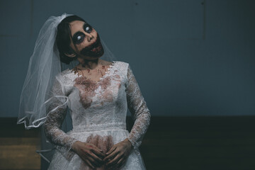 Portrait of asian woman make up ghost bride death and blood the horror is darkness scary horror...