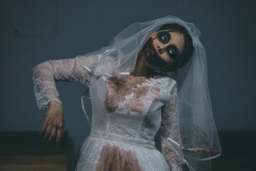 Portrait of asian woman make up ghost bride death and blood the horror is darkness scary horror...