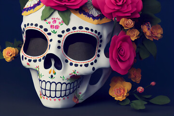 Hispanic heritage sugar skull marigold  Festive dia de los muertos background halloween digital illustration
