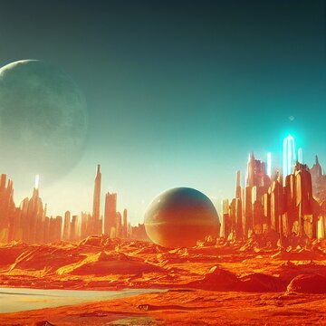 Alien city, scifi, science fiction, other worlds, alien civilization, other planets, sci-fi cities, surreal buildings, intergalactic cities alien planet, landscape architecture UFO (generative AI, AI)