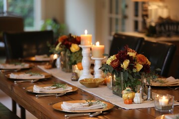 Thanksgiving table setting with floral and candle centerpiece
