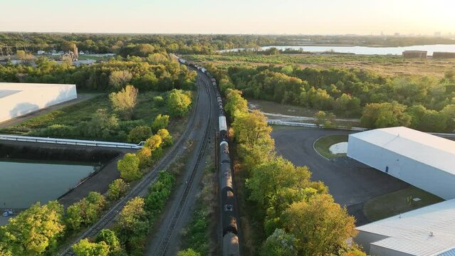 Aerial View of Train Traveling Down the Tracks 