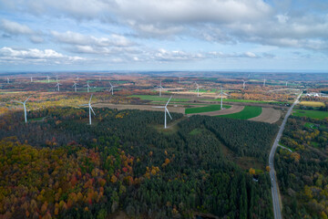 Aerial view of wind turbines in New York state during autumn time. Fall time in the USA, view from...