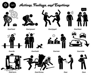 Stick figure human people man action, feelings, and emotions icons alphabet O. Overhaul, overpower, overjoyed, overhear, overdo, overlook, oversee, overtake, overturn, overthrow, owe, and own... - obrazy, fototapety, plakaty