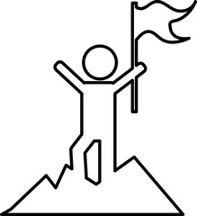 Man with Flag standing on the top of Mountain icon, logo isolated on white background. Climbing to the top