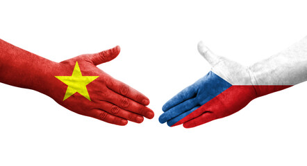 Handshake between Czechia and Vietnam flags painted on hands, isolated transparent image.