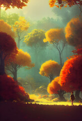 Fototapeta na wymiar Autumn forest tracking lighting from above orange yellow tree digital 3d illustration