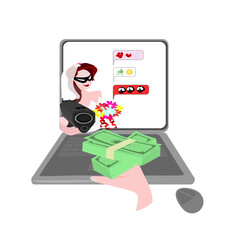 romance scammer concept on transparent background.computer and a bride with a gun are robbing.Hand giving money.The message on the screen tells of a scam to take property from the victim.
