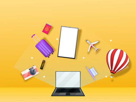 Concept Illustration Travel 3D. Set, laptop, phone, suitcase, portable water bottle, hat, passport, balloon, plane and camera on yellow background.