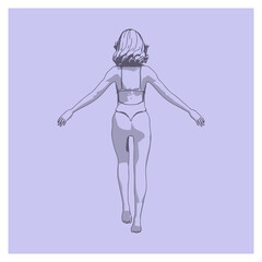 Obraz na płótnie Canvas Illustration of a beautiful fashion model posing in a stylish swimsuit. Young attractive woman in bikini. Sketch style outline. Back view