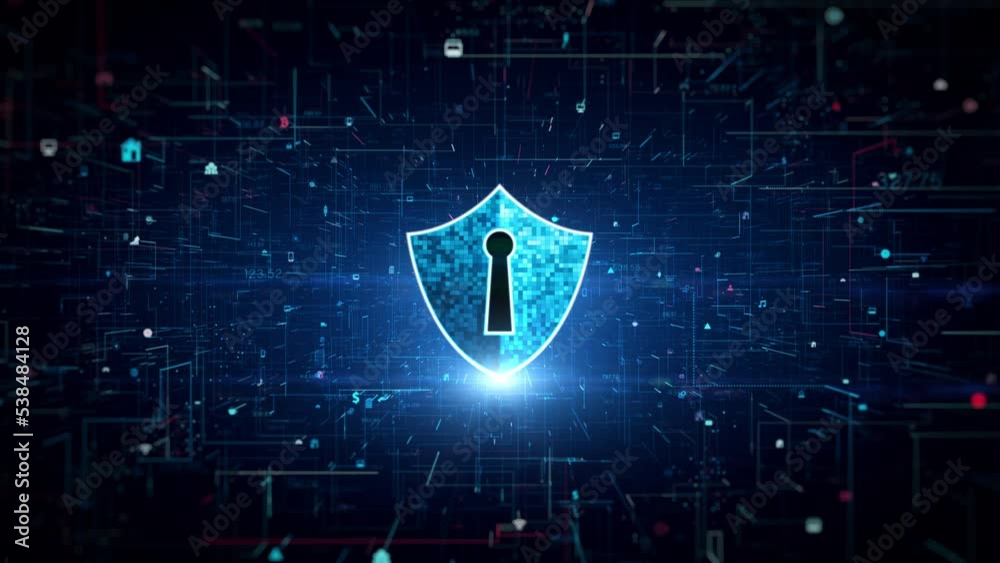 Poster blue shield icon cyber security, digital data network protection, future technology digital data net