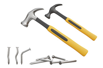 Steel hammer with realistic yellow rubber handle. hammer and nails isolated on white background carpentry concept, repair, house, carpentry industry 3D rendering illustration