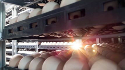 Eggs trolley on the incubation machine, with shiny light.