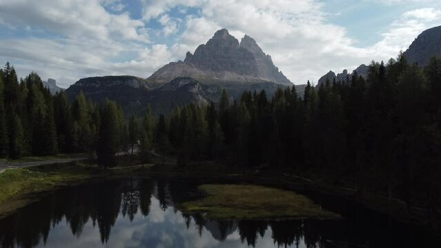 Antorno Lake and Tre Cime di Lavaredo Peaks Reflection in Italian Dolomites