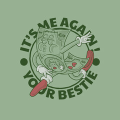 cartoon emblem of funny dancing money mascot with retro style