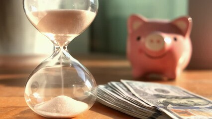 Close up timeglass, banknote and piggy bank on wooden table. Saving money concept. - Powered by Adobe