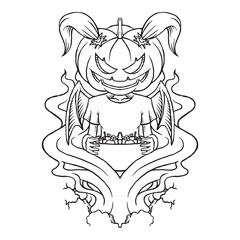coloring illustration of cartoon jack o lantern girl holding a candy bag