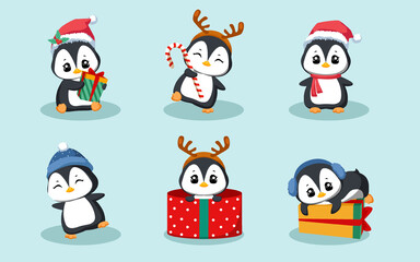 Cute winter penguin character collection for christmas