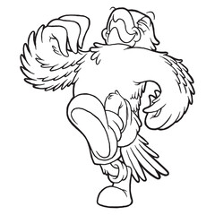 coloring illustration of cartoon walking parrot mascot