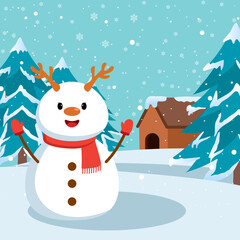 Cute christmas snowman in winter illustration
